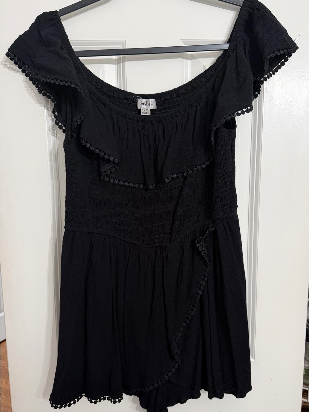 Justify Black Off-Shoulder Mini Dress with Pom Trim